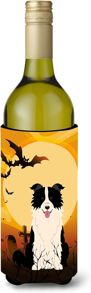Caroline's Treasures BB4384LITERK Halloween Border Collie Black White Wine Bottle Hugger Bottle Cooler Sleeve Hugger Machine Washable Collapsible Insulator Beverage Insulated Holder