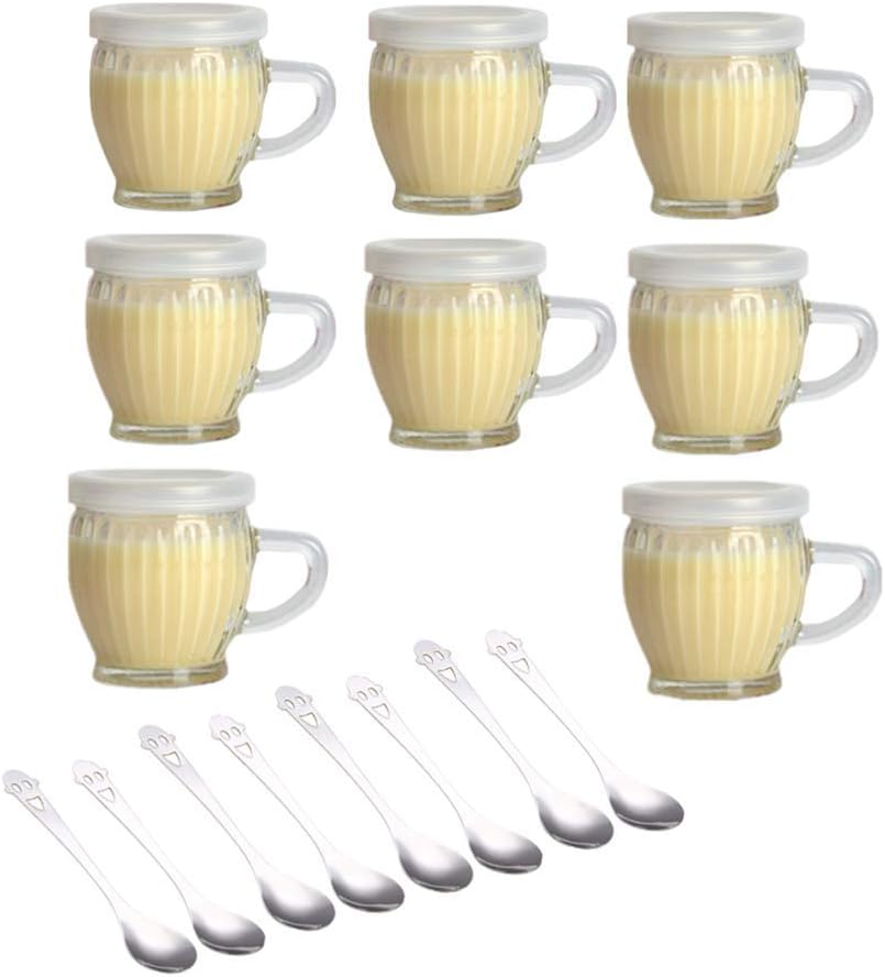 8 pack of 4 oz Wide Mouth Crystal Jelly Cup with Handle Lids(PE) and Spoons,Airtight Clear Glass Pudding Yogurt Jars,For Preserving Food,Each Mini Jar Suitable for Freezer, Microwave and Oven