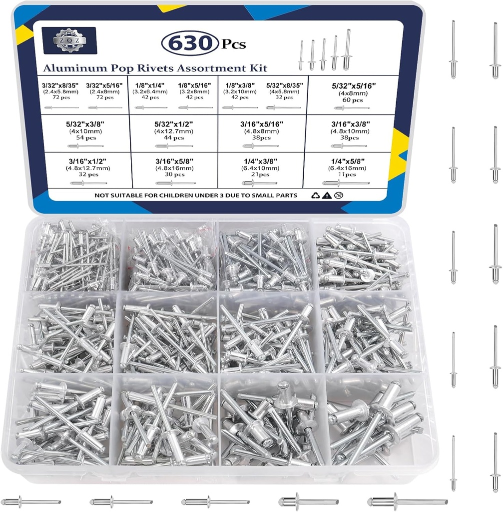 ZQZ 630Pcs Aluminum Pop Rivets Assortment Kit, 15 Sizes Silver Rivets with 3/32" 1/8" 5/32" 3/16" 1/4" Blind Rivets, Assorted Pop Rivets Set