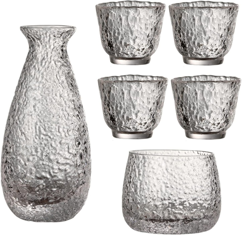 Sake Set, Saki Cups，Crafts Cup Ceramic Sake Set， Glass Sake Set Japanese, Sake Pot Sake Cup Transparent Modern for Home Party and Great Gifts 4 Sake Cups +1 Sake Pot + 1 Vessel Cup for Heat Preservati