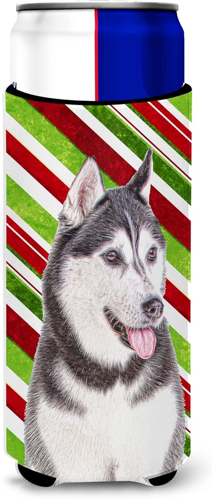 Candy Cane Holiday Christmas Alaskan Malamute Ultra Beverage Insulators for slim cans