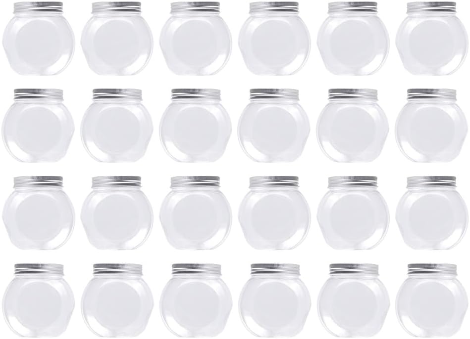 Small Round Jars with Lids, Plastic Candy Jars with Lids, Side Cookie Jar, Bulk Kitchen Counter Clear Container, Wide Mouth Mason Jars, Ball Canning Jars for Party, Oats, Honey, Spice(24PCS,S-7zo)
