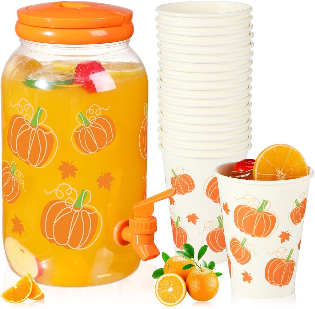 Umigy 1 Gallon Fall Pumpkin Plastic Drink Dispenser with 20 Pcs 12 oz Paper Cups Thanksgiving Harvest Kitchen Decoration Beverage Water Dispenser with Spigot for Juice Beer Autumn Party Supplies