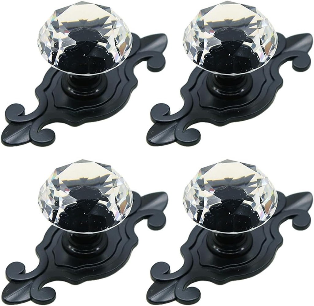 Crystal Glass Cabinet Knobs, [4 Pack] Elegant Diamond Drawer Knobs with Plate, Dresser Pull Handles for Kitchen/Cupboard/Wardrobe/Cabinet (Crystal, 4 Pieces)