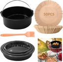 Cake Barrel + 6/7/8 Pizza Pans Set with 50 Air Fryer Baking Papers & Silicone Brush - Nonstick Baking Accessories Kit for Family Cooking, Party Baking, Healthy Snacks