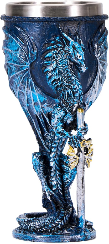 Blue Dragon Wine Goblet - 7oz Stainless Steel Fantasy Medieval Chalice - Gothic Dungeons & Dragons Drinking Cup, Unique Novelty Gift for Father’s Day & Party