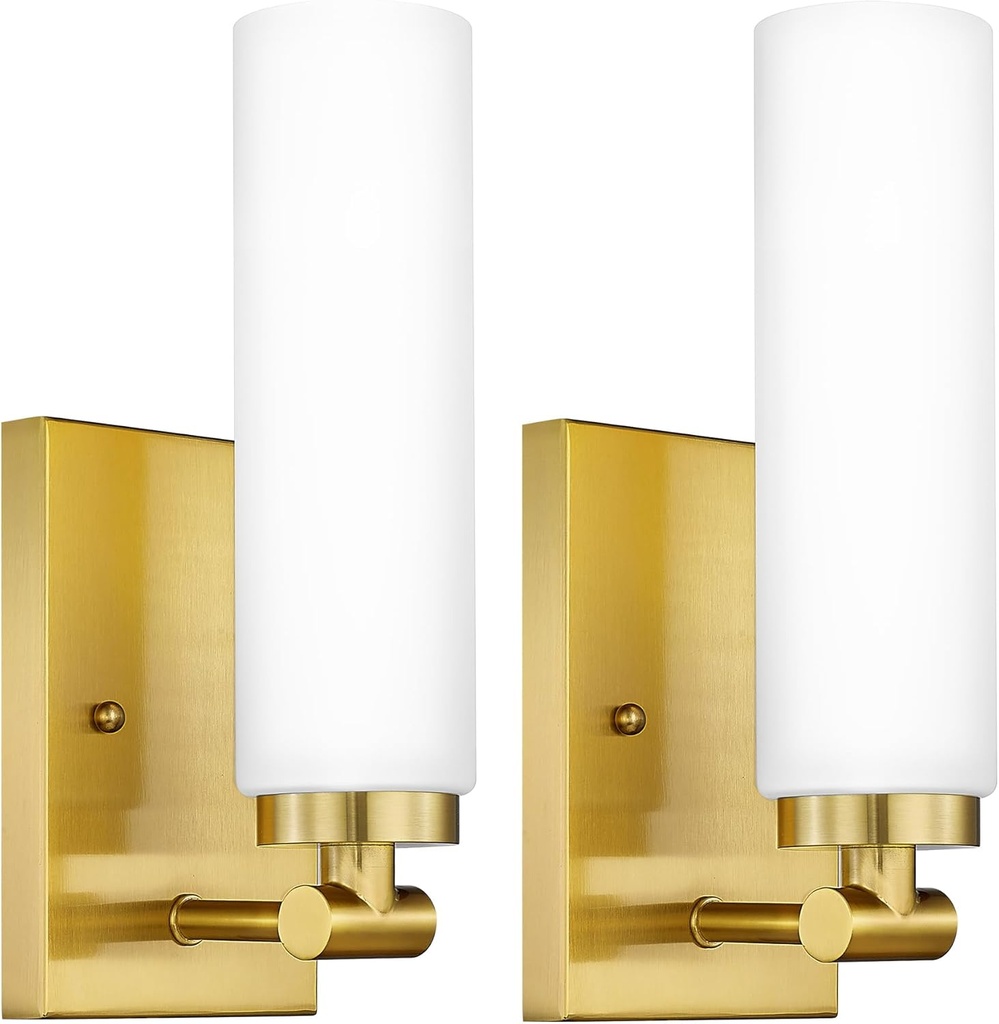 Emak Brushed Gold Wall Sconce, Modern Bathroom Vanity Sconces Wall Light Fixtures with Milk Glass Shade for Bathroom, Mirror, Living Room, Bedroom, Gallery, WS086-BGD-ML-2PK