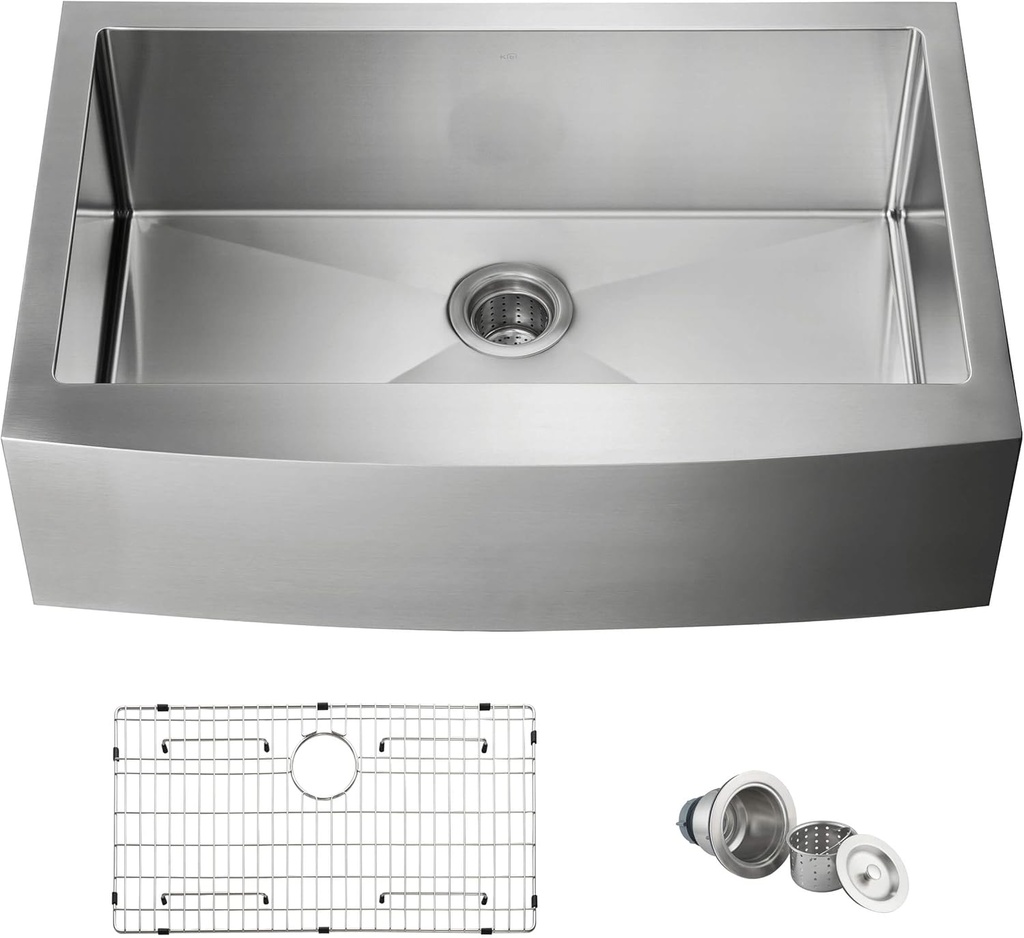KIBI 33-Inch Farmhouse Kitchen Workstation Sink | Single Bowl Apron Front Stainless Steel Sink with Bottom Grid, Strainer, and 10 inch Deep Bowl | Scratch-Resistant Finish, 3.5" Drain Opening