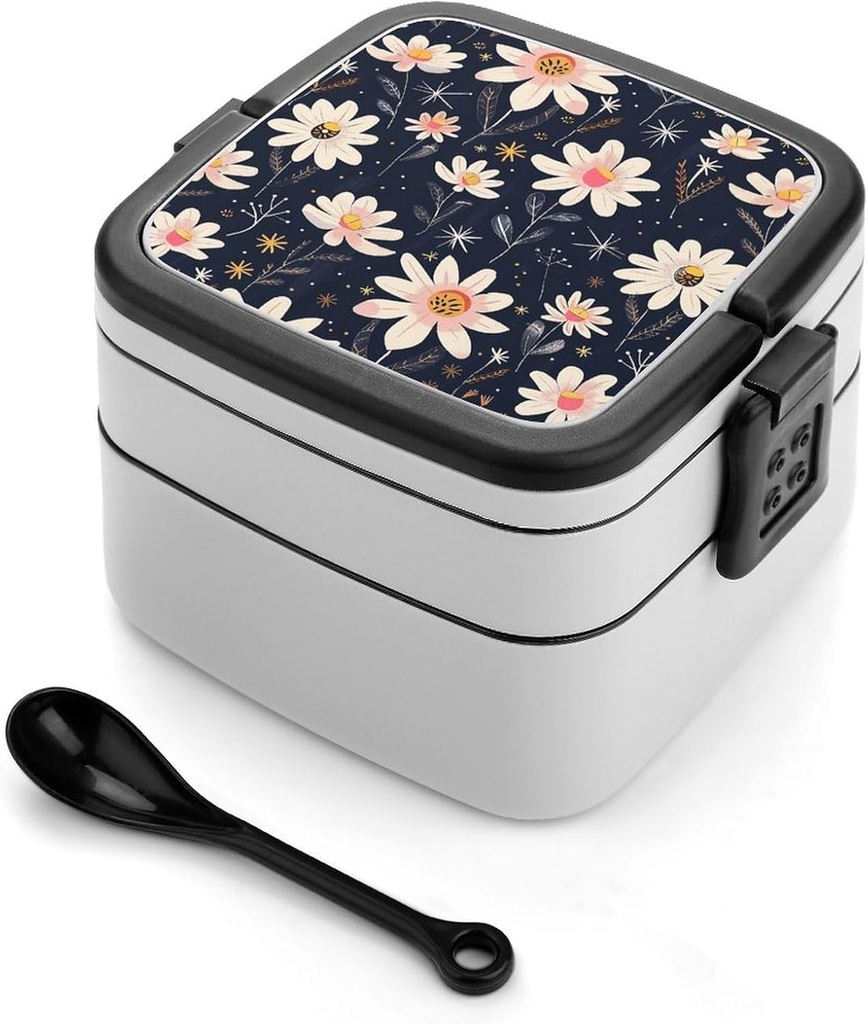 Folk Art Flowers Bento Box with Compartments Double Layer Bento Lunch Box with Spoon And Handle All-in-One Adult Lunchbox Leakproof Lunch Container for Work Picnic Travel