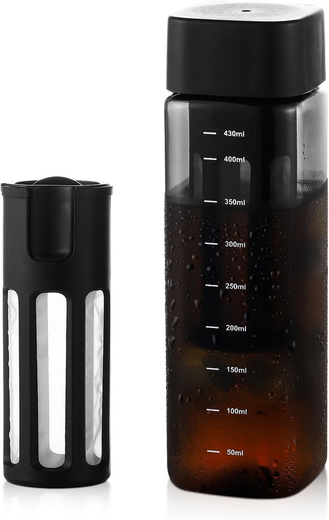 Bincoo 480ml Portable Cold Brew Cup with Removable Filter&Clean Brush, Tritan Plastic Iced Coffee Maker, Rectangle Small Iced Coffee Cups with Scale for Iced Tea/Coffee BPA Free (Black), GYKF1727