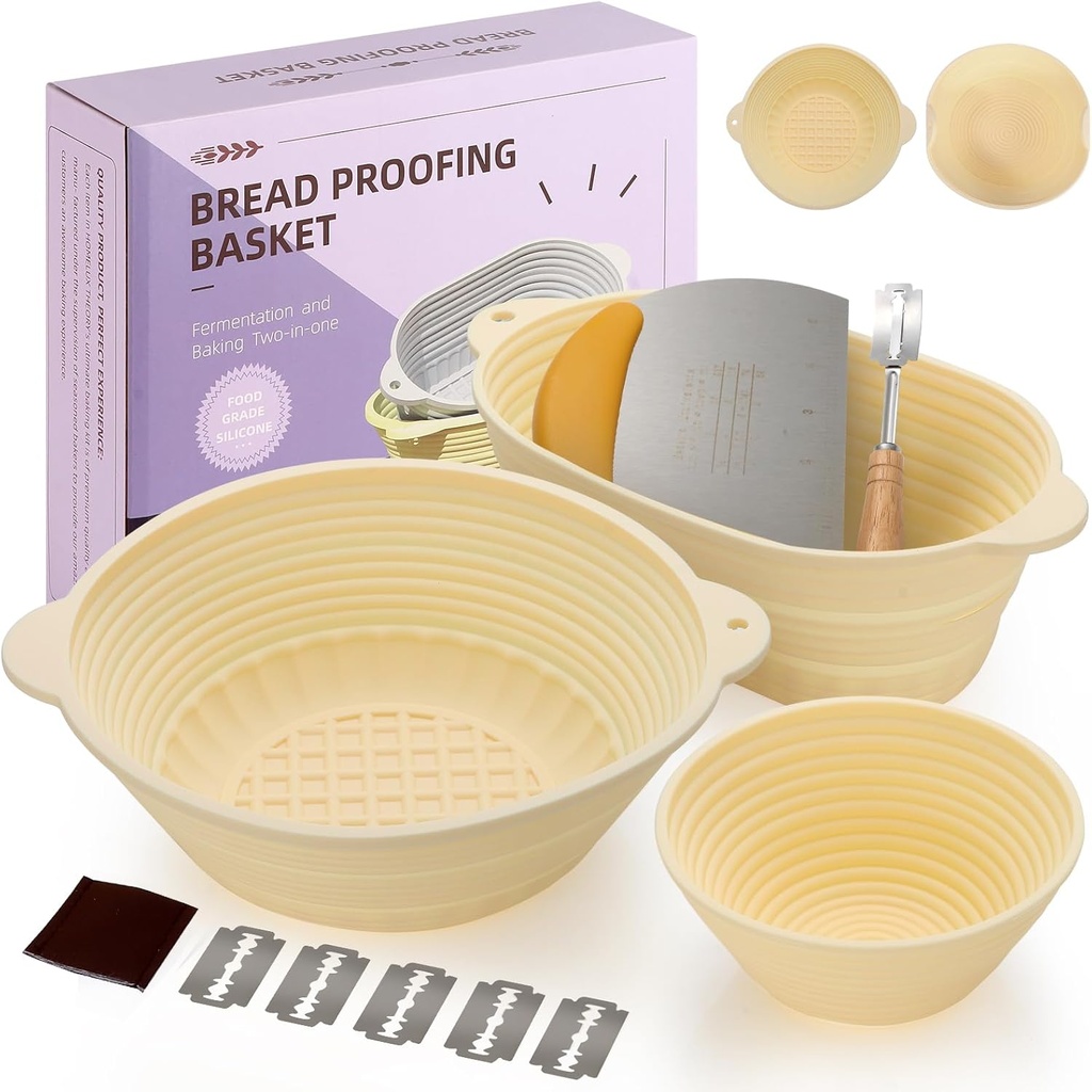 Sourdough Starter Kit Gift Set,Round 10" & Oval 10" & Round 5",Silicone Proofing Basket, Banneton Bread Proofing Basket, Sourdough Baking Kit, Ideal Gift for Bakers, Wife, Mom