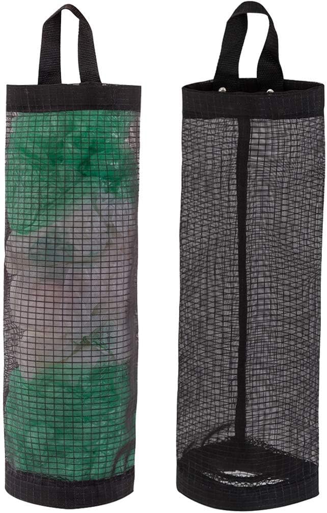 Bag Holder for Plastic Bags, 2 Pcs Polyester Grocery Bag Holder Plastic Dispenser Foldable Breathable Washable Hanging Mesh Garbage Bag Organizer for Kitchen Plastic Bag Storage (Black)