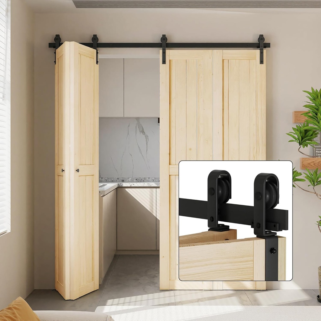 DonYoung 72'' x 84'' Bi-Fold Barn Door with Sliding Hardware Kit Set, 4 x 18 Door Panel with One-Piece 76'' Track, Pre-Drilled Bi-Folding Barndoor Slab-Ready for Painting, Natural Spruce