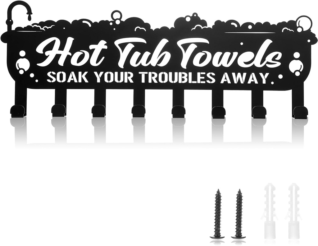 Capoda Hot Tub Towel Rack, Black Metal Hooks Wall Mounted Towel Holder Organizer with 8 Hooks for Home Hotel Hot Spring Pool Bathroom Restroom Hanging Robes Christmas Gift Decoration