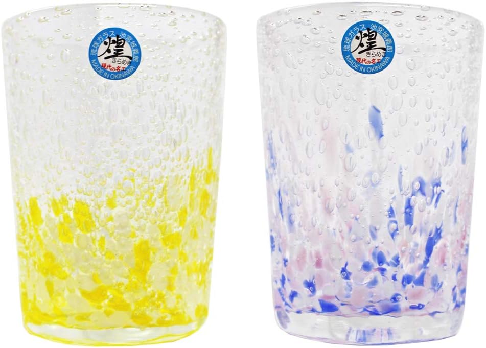 Kirakobo Octagonal Glasses (Yellow, Blue/Pink) φ3.0 inches (7.5 cm), Sea of Bubbles, Pack of 2
