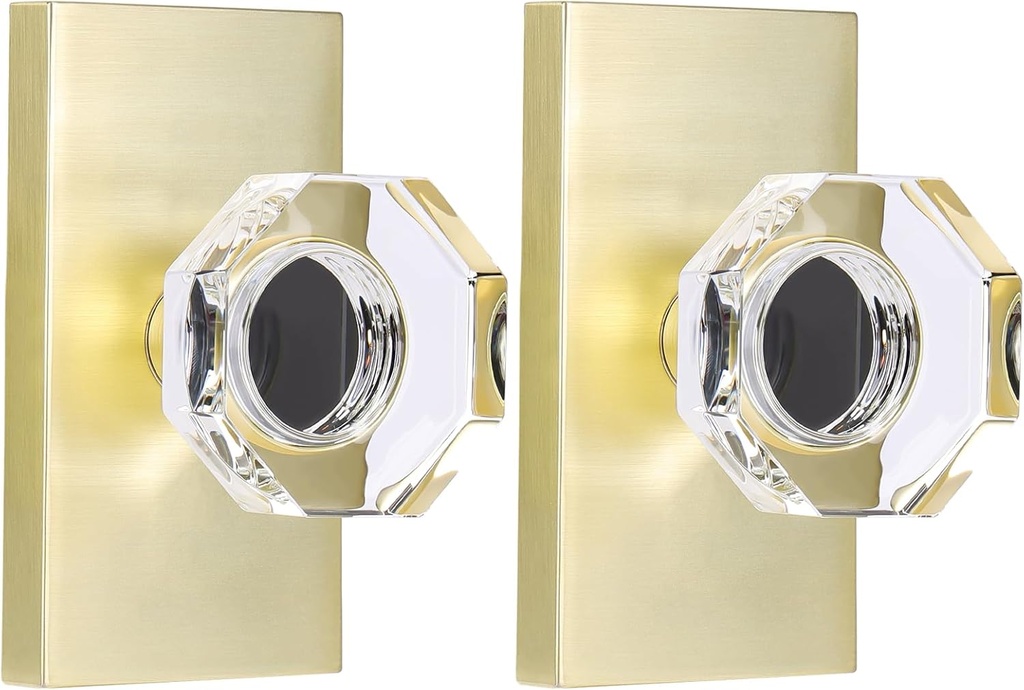 Glass Dummy Door Knob Set Satin Brass,Gold Octagon Crystal Dummy Door Knob for Interior Closet（ Half Dummy 2Pack）