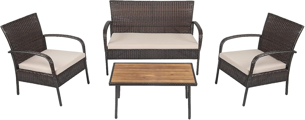 Wicker Conversation 4 Pieces Outdoor Patio Set with Washable Sofa Cushions, Rattan Wi, Brown (As PictureShows)