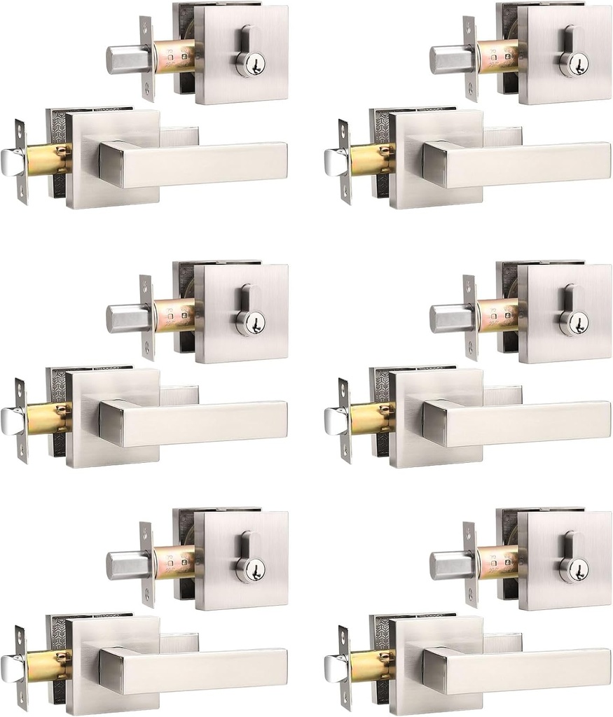 6 Pack Entry Door Lockset with Deadbolt, Satin Nickel Passage Lever and Keyed Alike Double Cylinder Deadbolt, Reversible Square DoorHandleset for Bedroom, Front Door