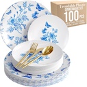 Trendables Fancy Plastic Dinnerware Sets 100 Pc Set 20 Guests Gold Silverware Disposable 20 X 10 Inch Charger Plates 20 X 8 Inch Dessert Plates 20 x Gold Plastic Forks and Spoons Knives In Botanical