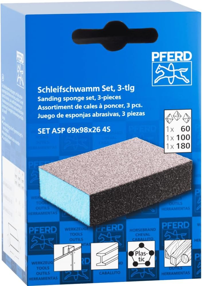 Pferd Sanding Sponge Set of 3, 4-Sided Abrasive Block, 2-3/4" x 4", 60/80/180 Grit, Aluminum Oxide, Multi-Grit for Versatile Sanding (Part 46403)