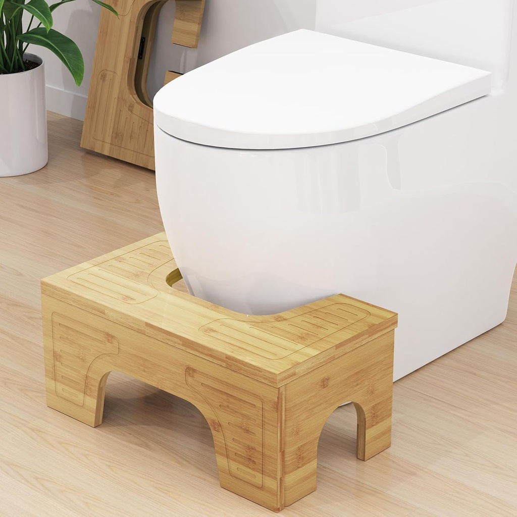 Foldable Toilet Stool Squat for Adults and Kids, 7" & 9" Adjustable Heights Bamboo Flip Poop Stool with Anti-Slip Layer for Bathroom - Improve Squatting Posture[No Installation Required]
