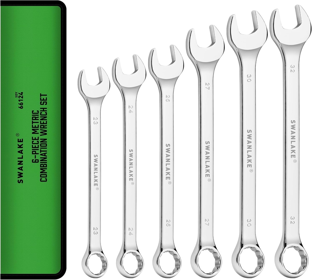 6-Piece All-Purpose Combination Wrench Set, Metric & Standard 23mm to 32mm, Heat Treated CR-V, 12-Point Box End Big Wrench Set, Master Long Mechanic Tool Set with Rolling Pouch