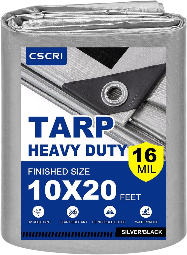 16Mil Finished Size 10x20 Tarp Heavy Duty Waterproof, Large Outdoor Multipurpose Protective Cover (Silver/Black)