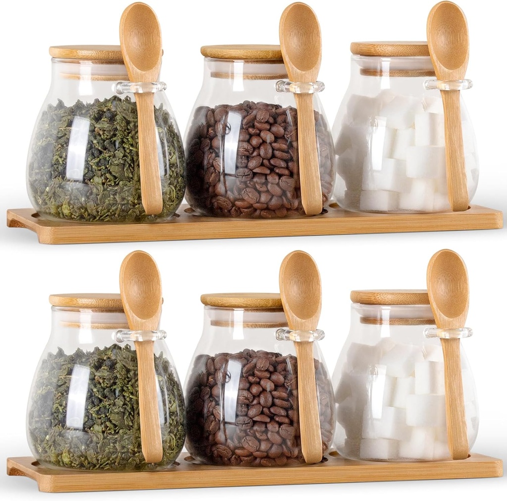 Glass Spice Storage Container with Spoon, 6PCS 12oz Airtight Sealed Condiment Jar with Tray, Kitchen Pantry Seasoning Canister Set for Salt Coffee Sugar Tea, Small Canister Set for Kitchen