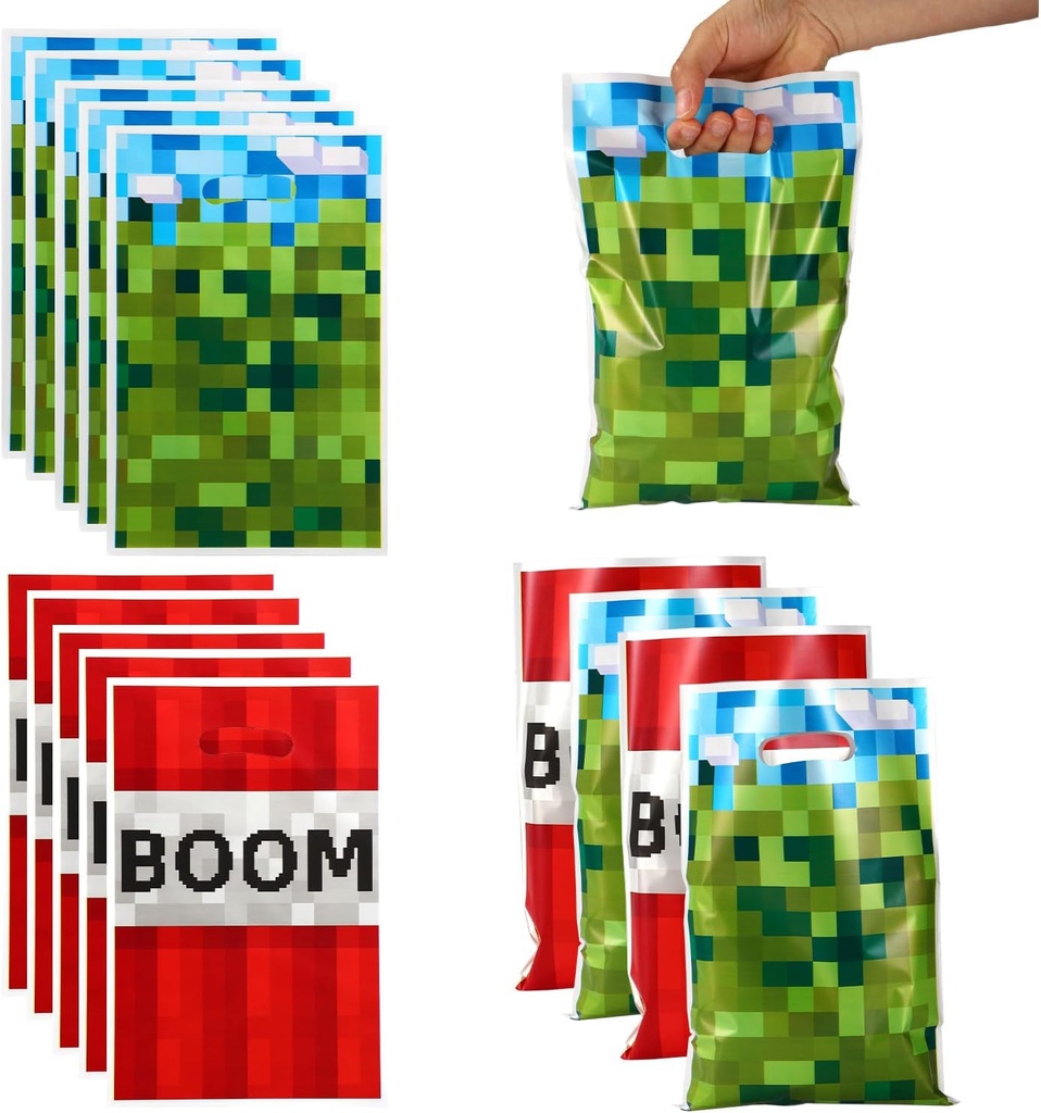 50pcs Party Favor Bags, Pixel Video Game Theme Gift Treat Bags Boom Plastic Candy Snack Bag with Handles for Kids Boys Girls Gamers Birthday Party Supplies (Blue, Green, Red)