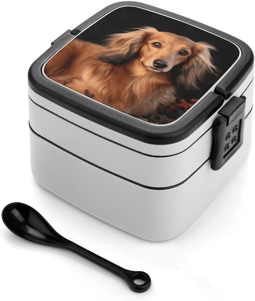 Stackable Double-Layer Bento Box Long Haired Dachshund Adults Lunchbox With Spoon Cute Japanese Bento Box Dishwasher Safe for Work Travel Dining Outc