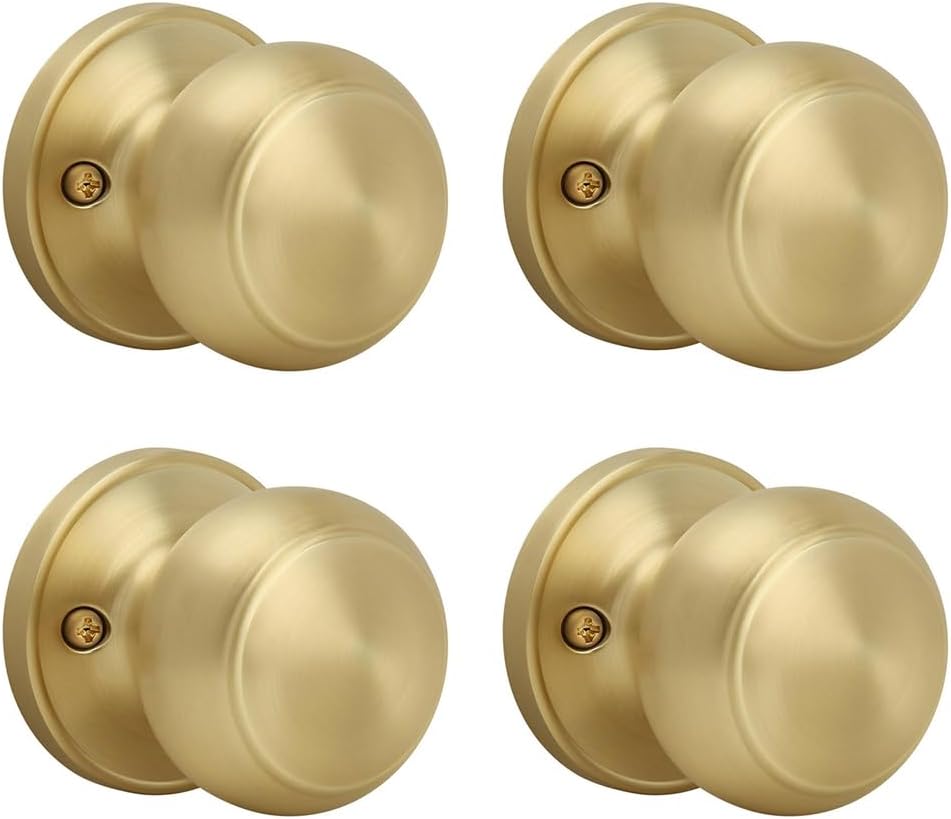SEIWEI 4 Pack Door Knobs, Satin Brass Privacy Door Knob Without Key, Keyless Door Handle Door Levers for Bedrooms/Bathrooms