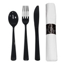 Party Essentials Pre-Rolled Disposable Extra Heavy Duty Plastic Cutlery Kit with Black Fork/Knife/Spoon and 3-Ply White Napkin (Case of 100 rolls)