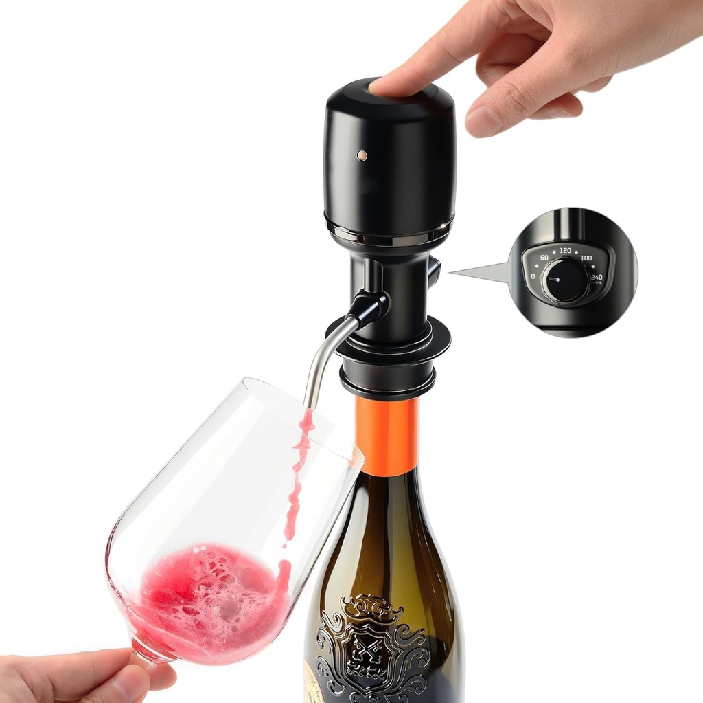 Expert Adjustable Electric Wine Aerator – Instant 240-Min Precision Decanting, Rechargeable & No-Drip Design, One-Touch Operation for 99% Wines & Spirits (Black)