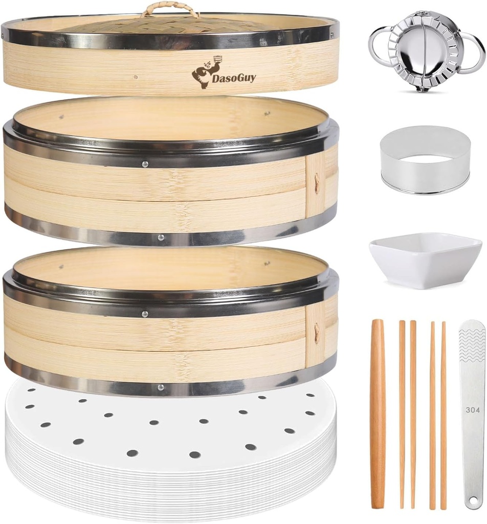 Bamboo Steamer Basket, Stainless Steel Reinforced Rim, 10-Inch 2-Tier Steamer for Cooking, 50 Liners Chopsticks Sauce Dish Dumpling Makers, Steaming Asian Food Bao Buns Dim Sum Rice Veggies Steam Pot