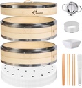 Bamboo Steamer Basket, Stainless Steel Reinforced Rim, 10-Inch 2-Tier Steamer for Cooking, 50 Liners Chopsticks Sauce Dish Dumpling Makers, Steaming Asian Food Bao Buns Dim Sum Rice Veggies Steam Pot