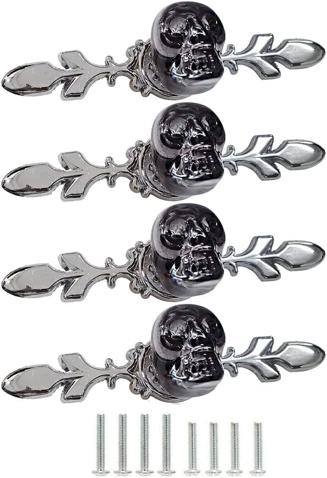 Black Skull Drawer Knobs Handles, 4Pcs Unique Crystal Cabinet Pulls Single Hole Zinc Alloy Base with Backplate for Dresser Wardrobe Cupboard Kitchen Hardware Furniture Decoration Glass Handle (Black)
