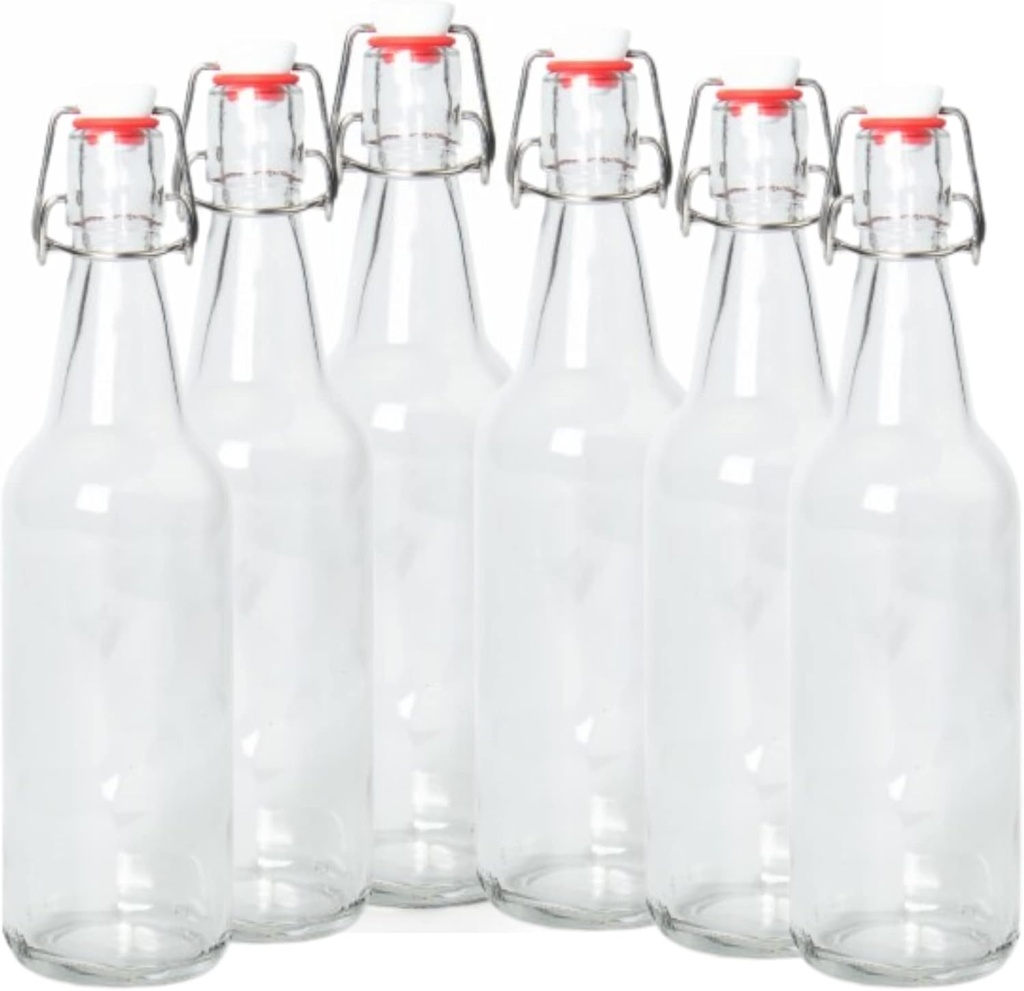 | Pack of 6 Clear 16-20oz Growler with Flip Top Airtight Silicone Seal | For Beverages, Oil, Vinegar, Kombucha, Beer, Water, Soda, Kefir