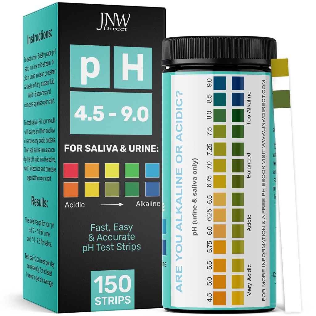 pH Test Strips for Urine and Saliva - 150 Litmus Paper pH Test Strips with Ebook, Quick & Easy pH Level Testing from 4.5-9.0, Ultimate Acidity Test Kit from JNW Direct