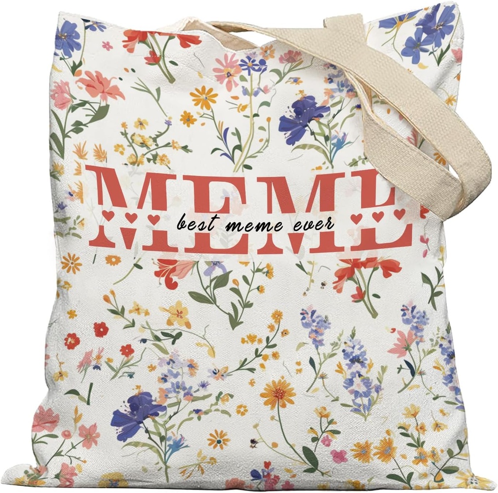 Meme Gifts Floral Tote Bag, Mother's Day Birthday Gifts for Meme from Grandkids Grandsons Granddaughters Canvas Tote Bags for Women, Reusable Grocery Shopping Bag