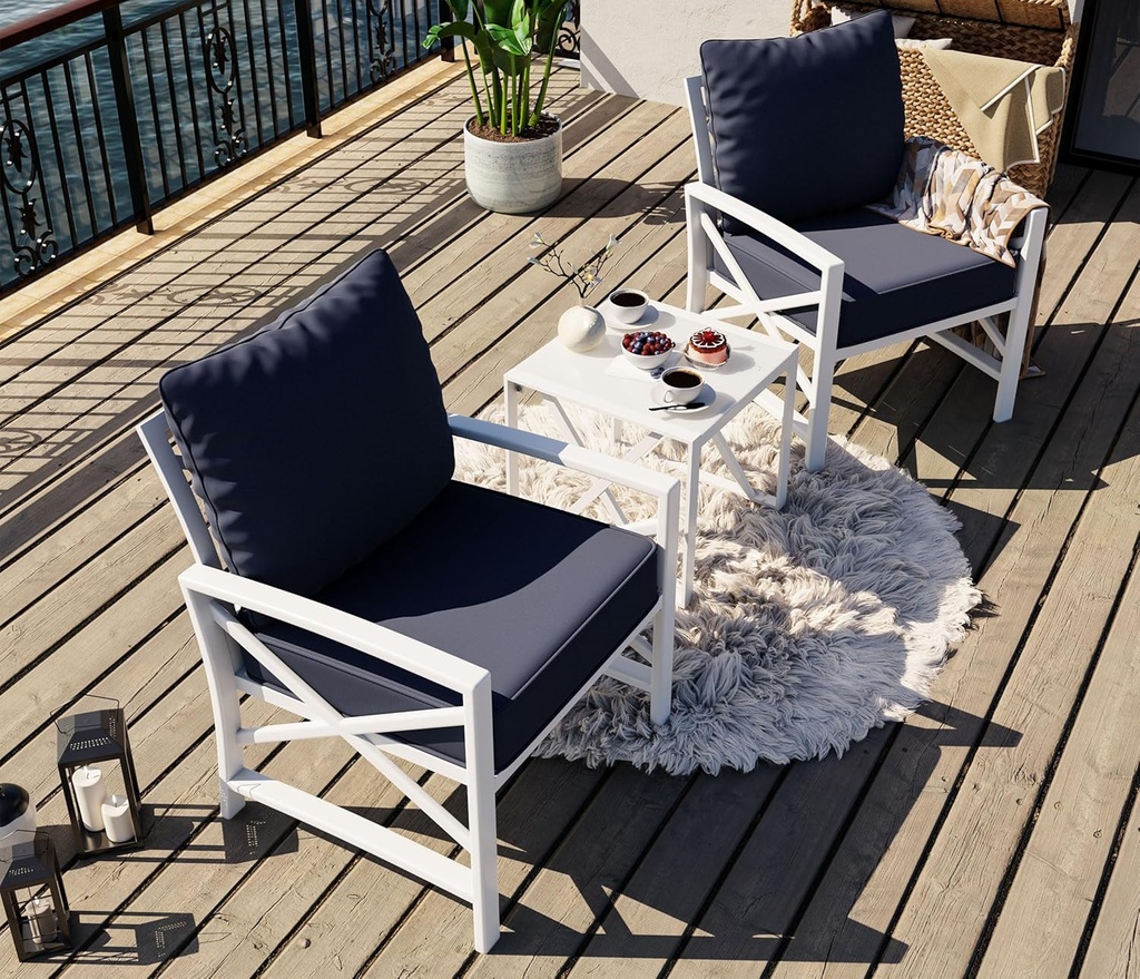 SUNLEI Patio Furniture 3-Piece Conversation Set, Small Outdoor Furniture with Deep Cushion Loveseat Sofa and Matching Side Coffee Table, Outside Metal Sofa Set for Balcony, Yard, White & Blue