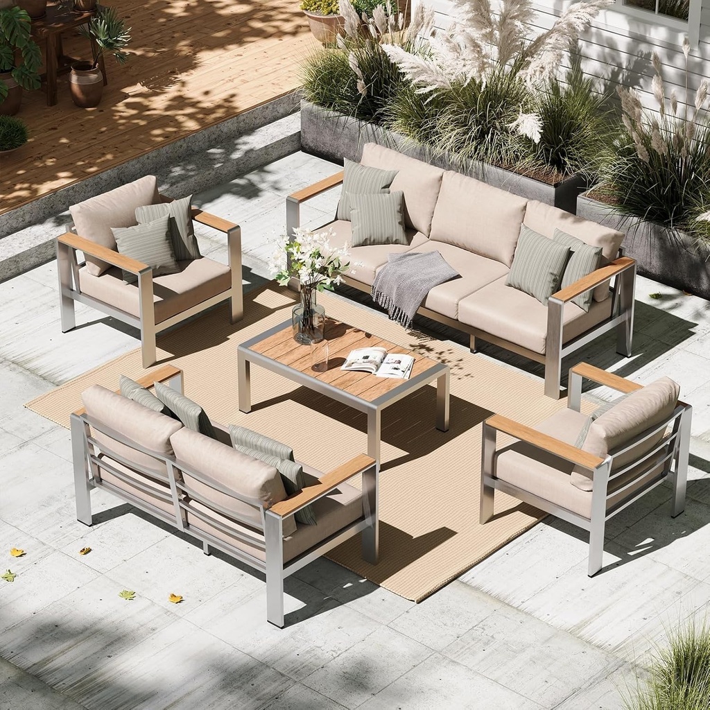 5 Piece Outdoor Patio Furniture Set with Sectional Conversation Sofa and Coffee Table, Patio Sectional Seating for Porch Balcony Yard, Comfortable Garden Furniture for Outdoor Living Area(Beige)