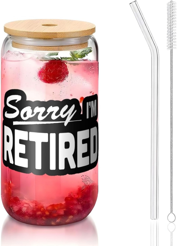Sorry I'M Retired 16 Oz Drinking Glasses With Bamboo Lids,Glass Straw And Cleaning Brushes Glass Tea Cup For Iced Coffee,Smoothie,Cocktail,Beer,Whiskey,Soda,Matcha
