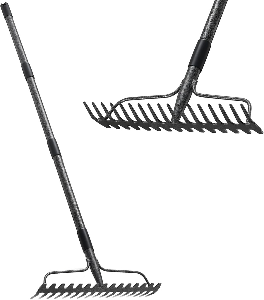 Bow Rakes for Lawns, 17 Prongs 17" Wide Heavy Duty Metal Garden Rake Long Handle 50", Adjustable Rock Yard Thatch Rake for Leaves Gardening Loosening Soil Mulch Gathering Leaf