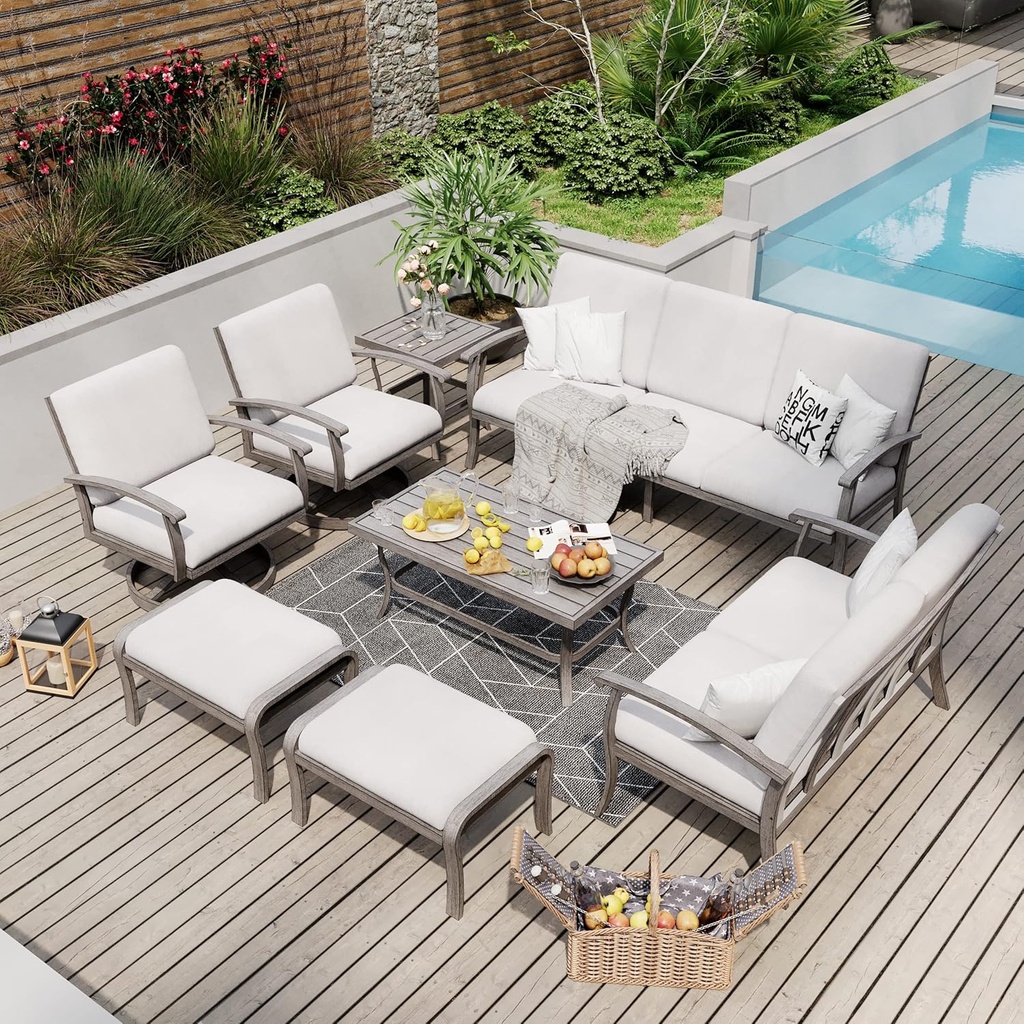 HAPPATIO 8 Piece Aluminum Patio Furniture Set, 3-Seat Outdoor Couch and Loveseat, All-Weather Outdoor Sectional Sofa with Swivel Armchairs, Garden Conversation Set with Tables (Gray)