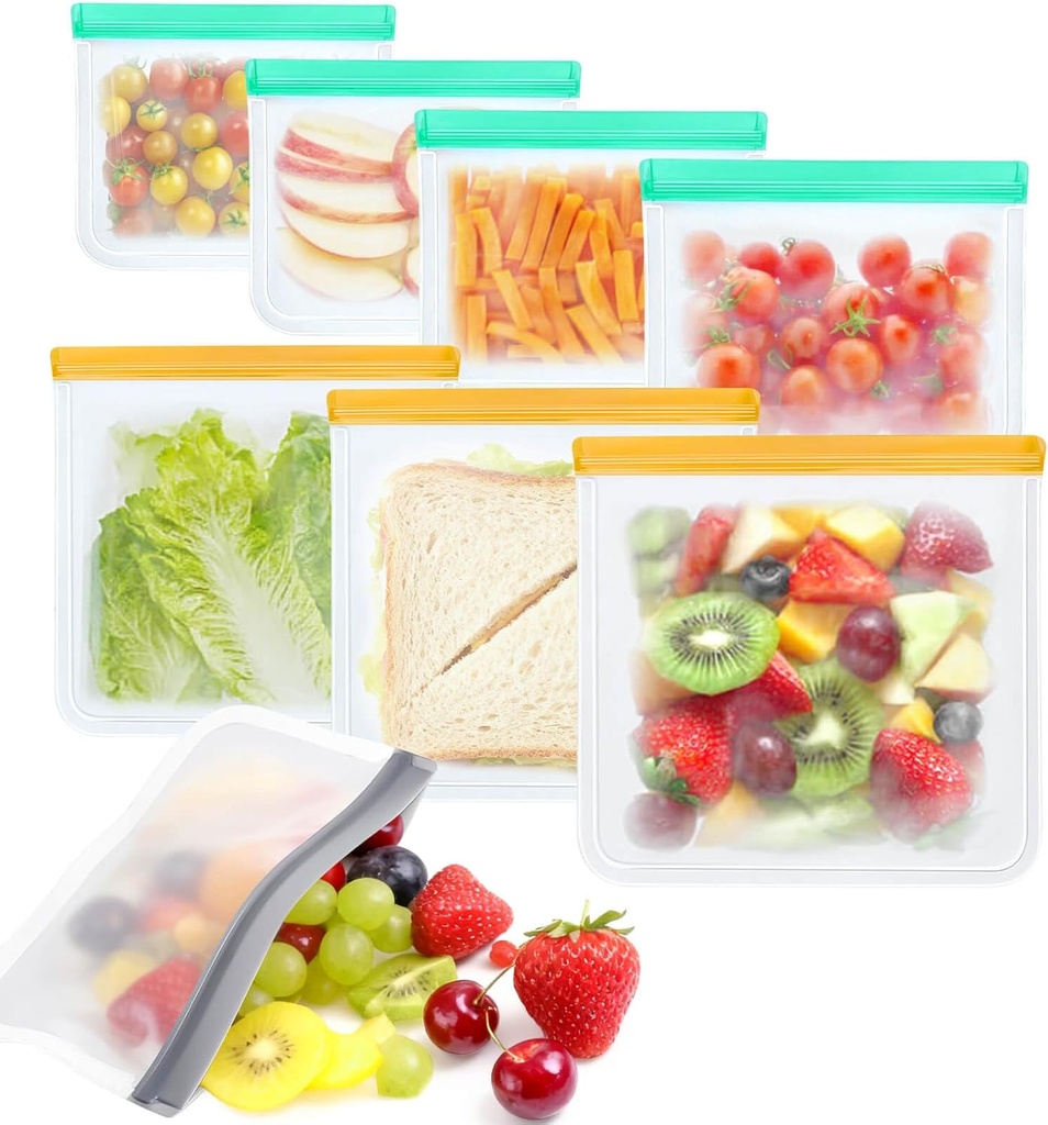 Reusable Freezer Bags Food Storage Bags for Meal Prep Containers, BPA Free Food Storage Bags, Leakproof Reusable Food Bags Dishwasher Safe for Salad Fruit, Vegetables, 3 Gallon 4 Sandwich 1 Snack