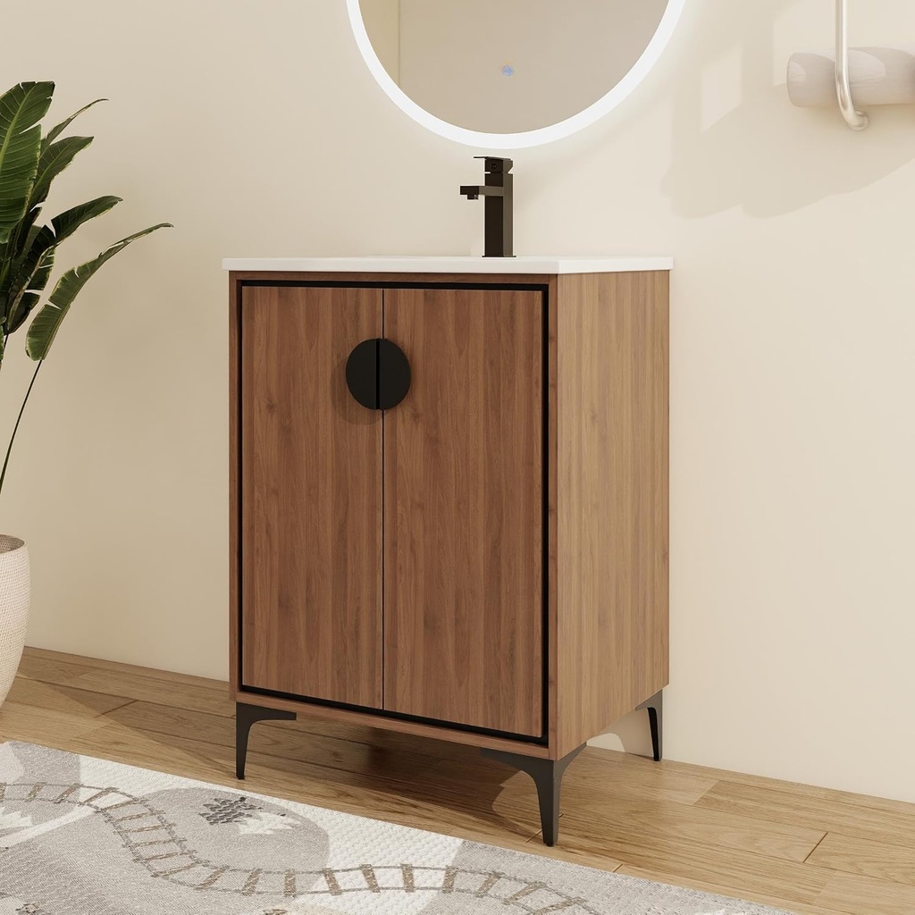 Malwee 24 inch Freestanding Bathroom Vanity, 24" Floor Stand Bathroom Vanity Sink Storage Combo, Modern Single Sink Cabinet Set with 2 Soft Close Door and 1 Adjustable Shelf (C124B)