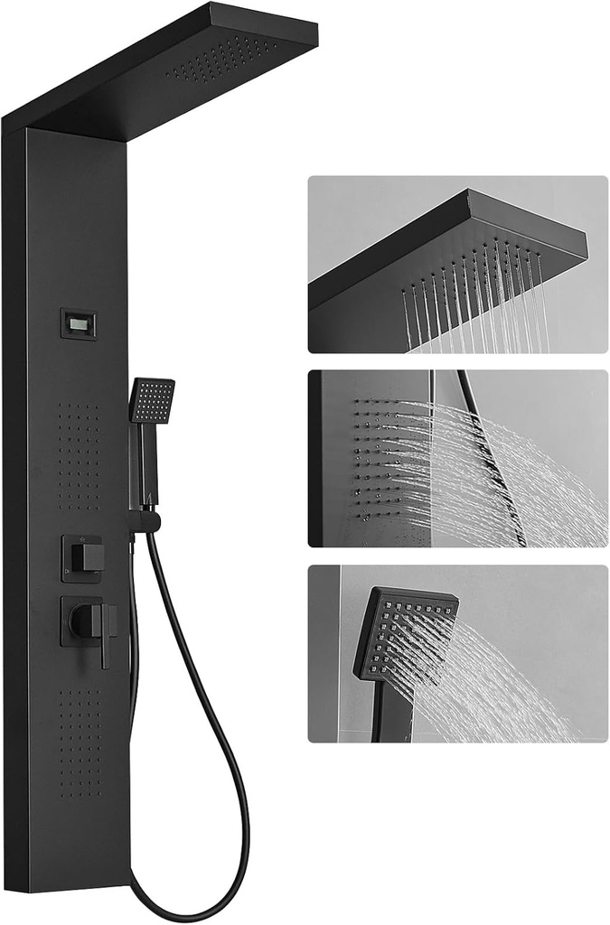 BWE 3 In1 Shower Panel Tower System Multi-Function Black Shower Panel SUS 304 Stainless Steel with Rainfall Shower Head,Massage Body Jets and Handheld Shower for Home Hotel Resort