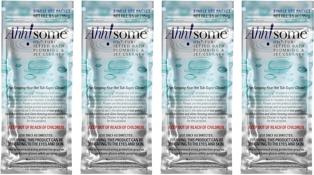 Ahh-Some - Hot Tub Cleaner & Purge Packet | Clean Pipes, Jet Line & Jets Gunk Build Up | Clear & Soften Water for Hot Tub, Jetted Tub, Swim Spa | Top Clarifier Up To 450 Gallons Of Water (Pack of 4)