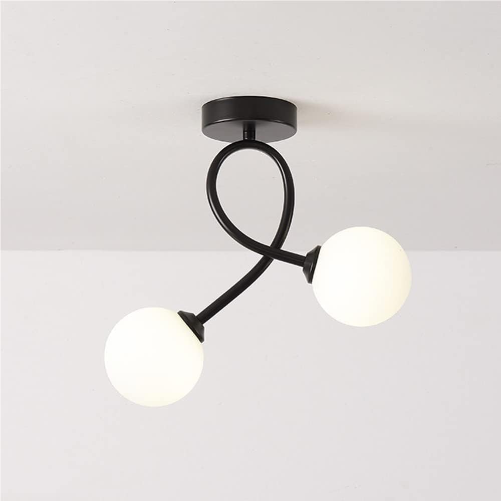 2-Light Modern Glass Ceiling Light Gold Brushed Brass Semi Flush Mount White Globe Shade Close to Ceiling Lamp Geometric Black Iron Pendant Lamp for Living Room Bedroom Kitchen(Svart)