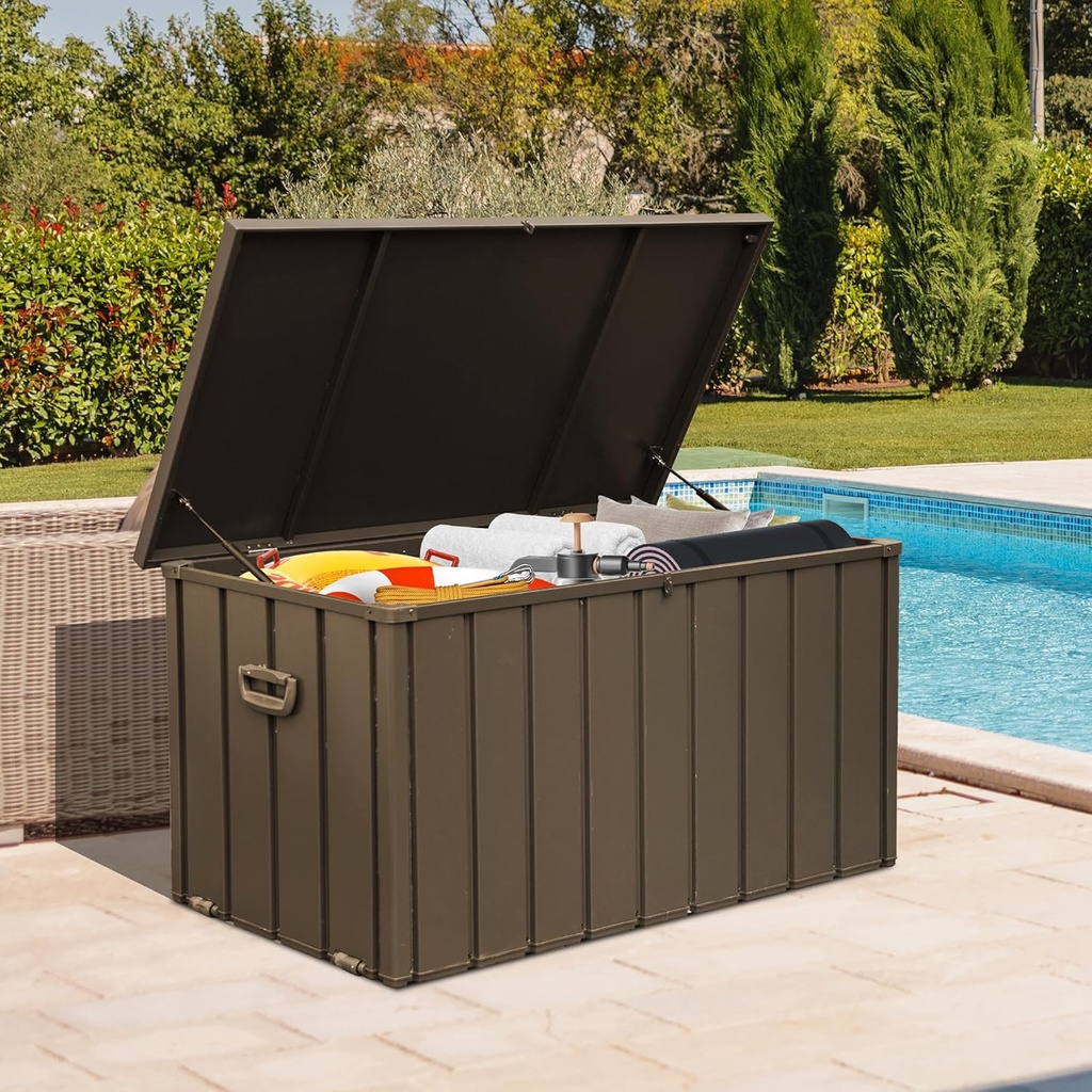 Domi 150 Gallon Deck Box Outdoor Storage Box, Lockable Storage Cabinet Deck Box Outdoor Waterproof, Large Metal Storage Bin for Patio Furniture Cushions Garden Tools Pool-Supplies, Brown